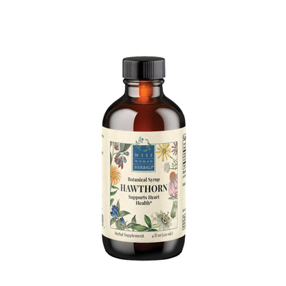 Bottle of Hawthorn syrup with a decorative label on a white background