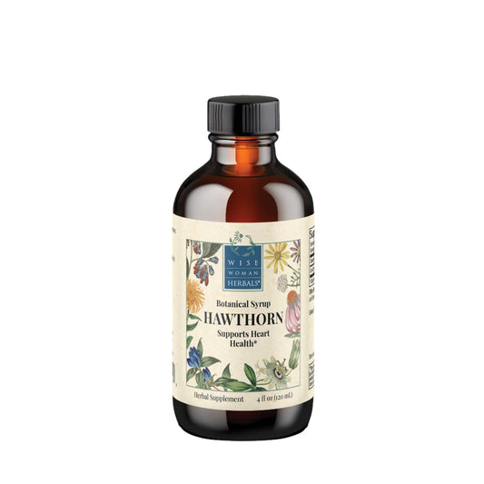 Bottle of Hawthorn syrup with a decorative label on a white background
