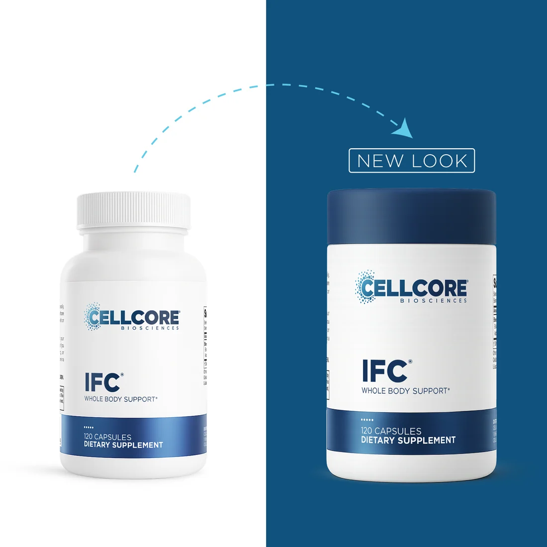 Two supplement bottles side by side on a split white and dark blue background, with a dashed arrow and the words 'NEW LOOK' indicating a product design update. The left bottle is white with blue label text, and the right bottle has a dark navy cap and matching blue label band.