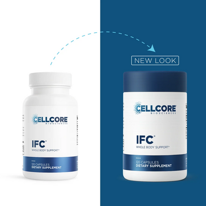 Two supplement bottles side by side on a split white and dark blue background, with a dashed arrow and the words 'NEW LOOK' indicating a product design update. The left bottle is white with blue label text, and the right bottle has a dark navy cap and matching blue label band.