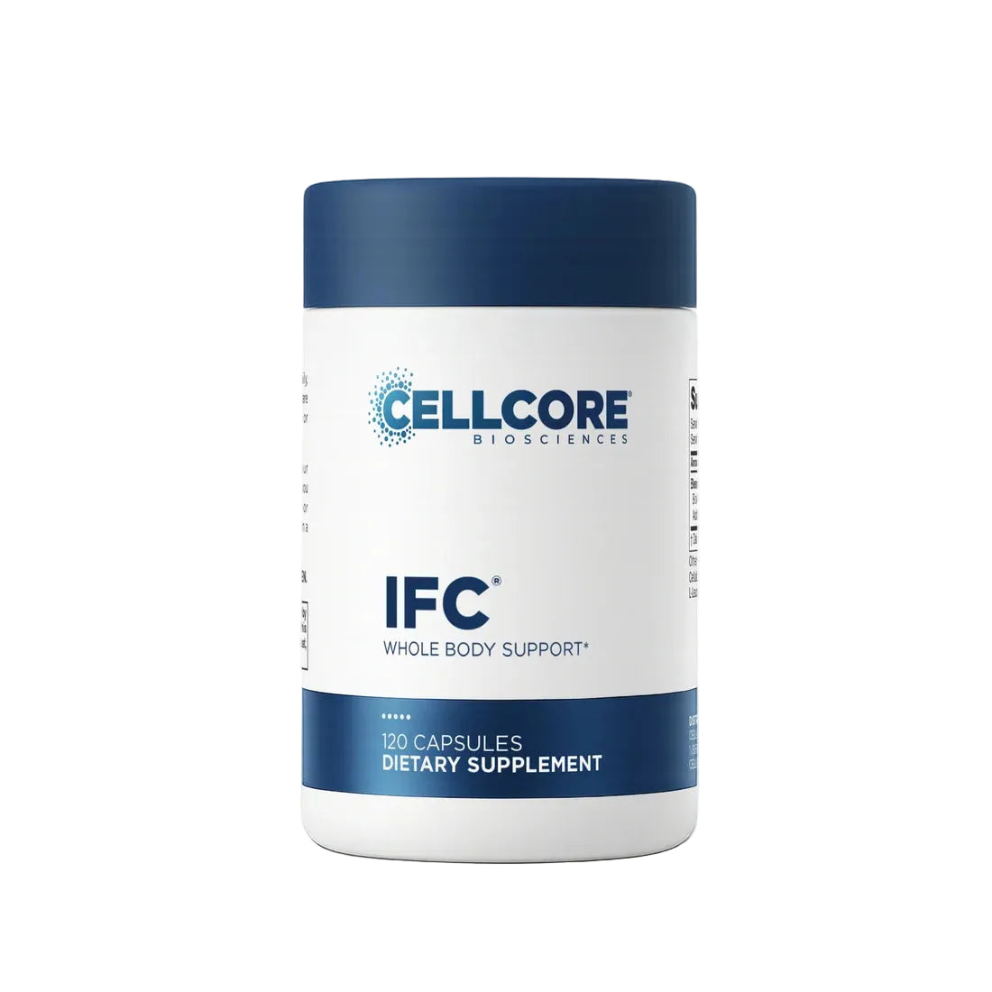 A white bottle of Cellcore Biosciences IFC Whole Body Support dietary supplement with a dark blue cap and blue accents on the label.