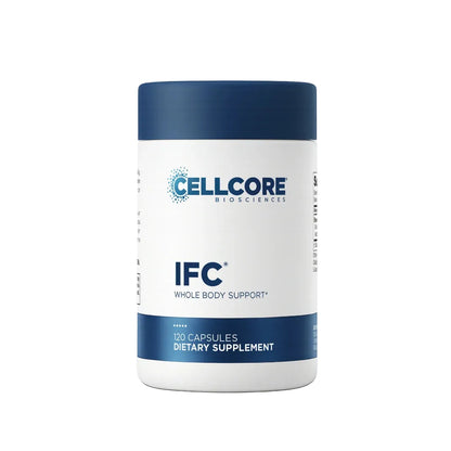 A white bottle of Cellcore Biosciences IFC Whole Body Support dietary supplement with a dark blue cap and blue accents on the label.