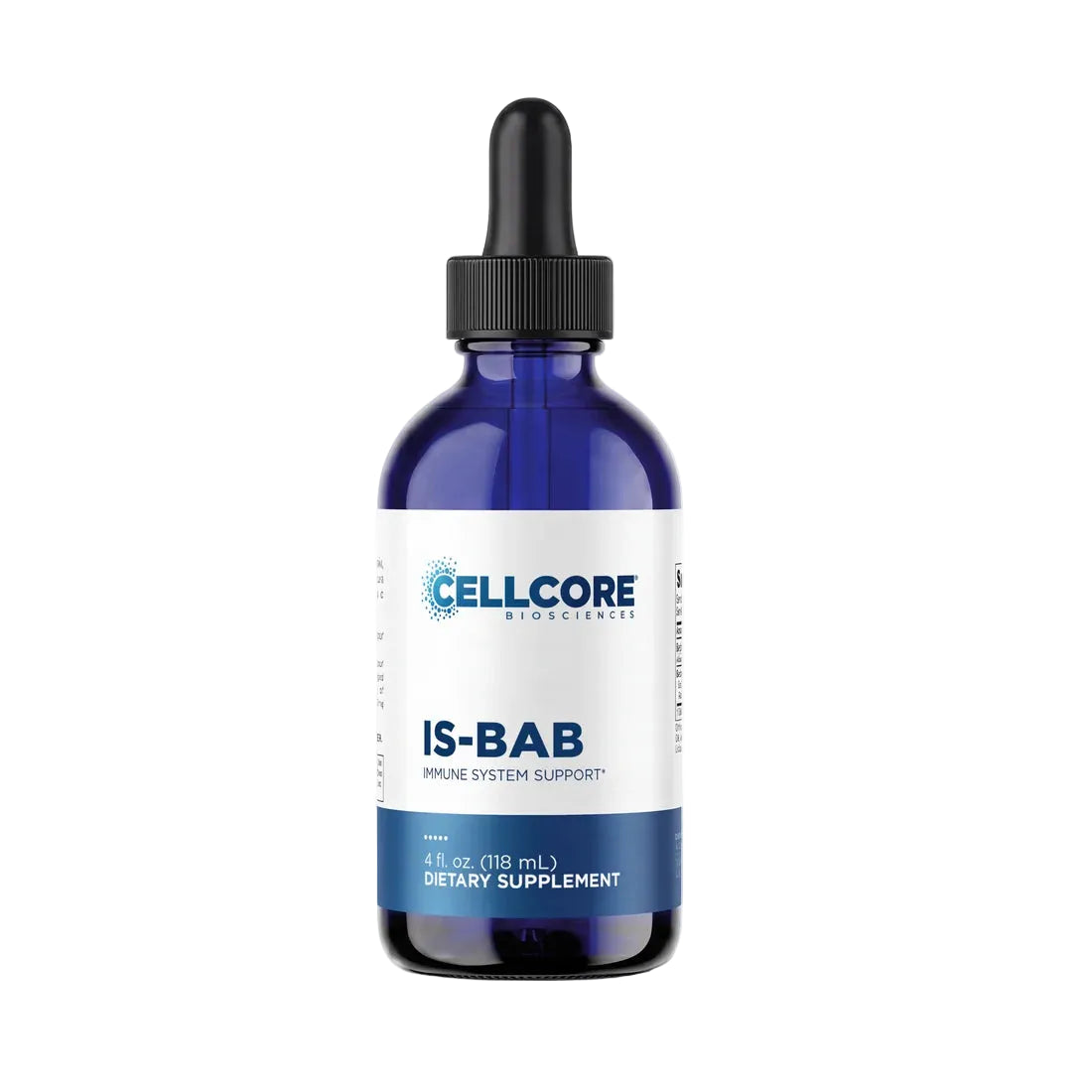 A 4 fl oz cobalt blue glass dropper bottle of Cellcore BioSciences IS-BAB Immune System Support dietary supplement, featuring a white and blue label with a black dropper cap, on a white background.