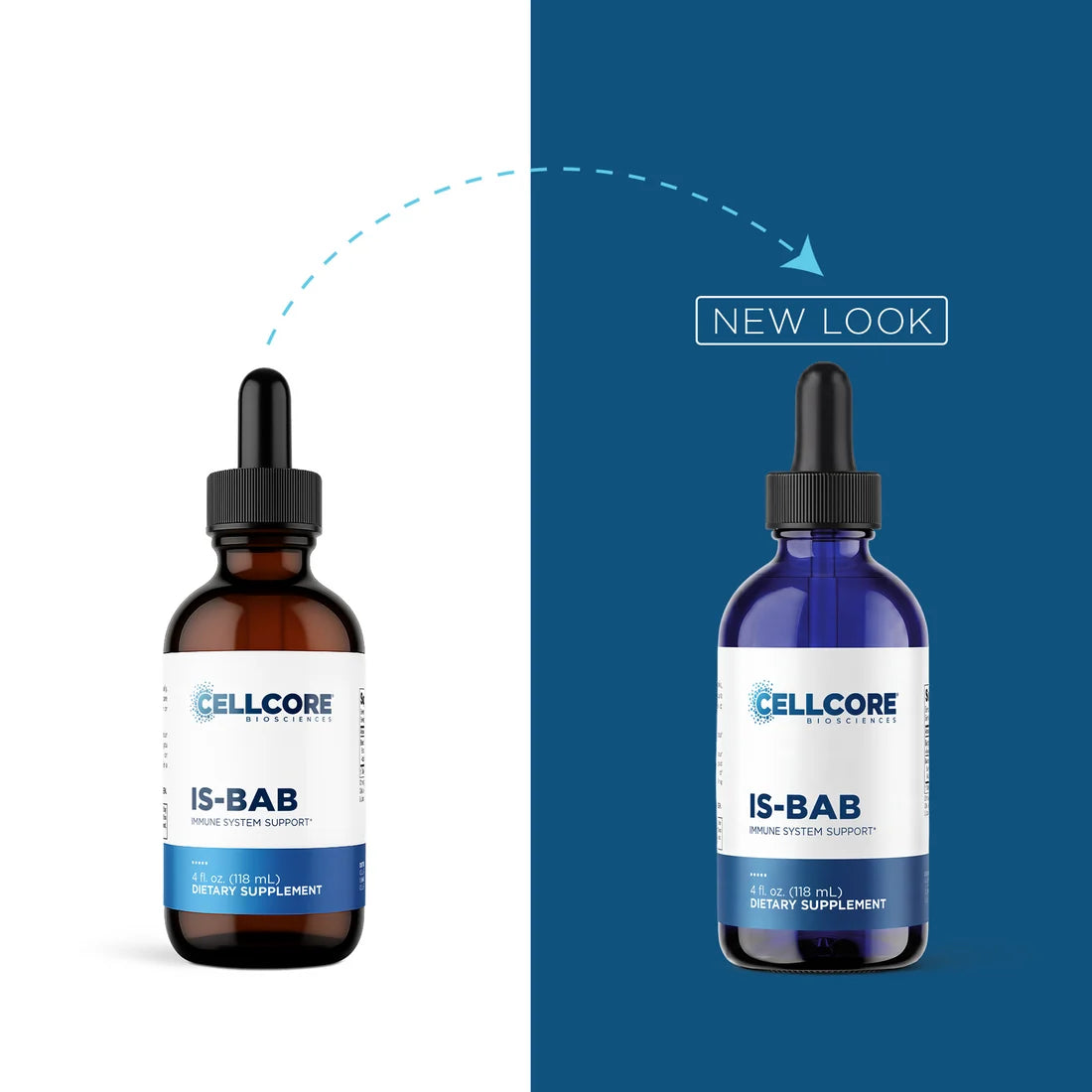 Two amber glass dropper bottles of Cellcore Biotherapeutics IS-BART dietary supplement shown side by side on a split white and dark blue background, with a dashed arrow and the words 'NEW LOOK' indicating a design update.