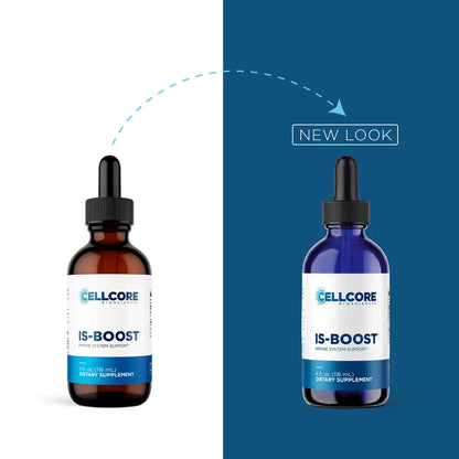 Two amber glass dropper bottles of Cellcore IS-BOOST dietary supplement shown side by side on a split white and dark blue background, with a dashed arrow and the words 'NEW LOOK' indicating a design update.