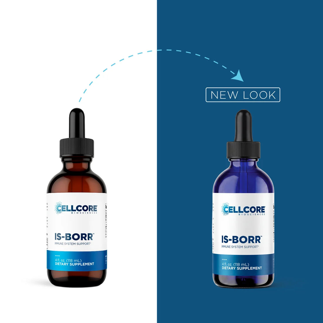 Two amber glass dropper bottles of Cellcore IS-BORR dietary supplement shown side by side on a split white and dark blue background, with a dashed arrow and the words 'NEW LOOK' indicating a design update.