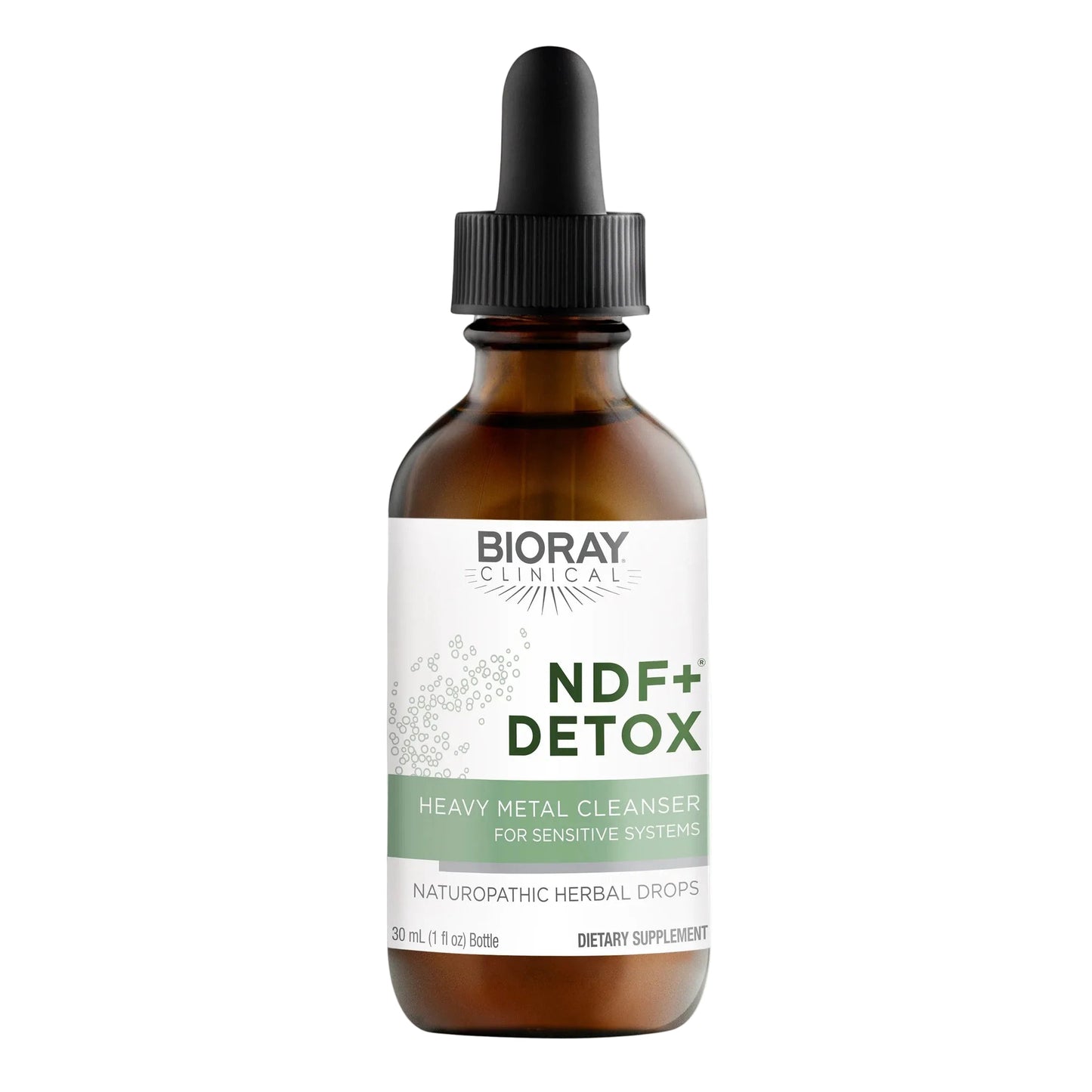 Bioray Clinical NDF+ Detox supplement bottle with dropper on a white background