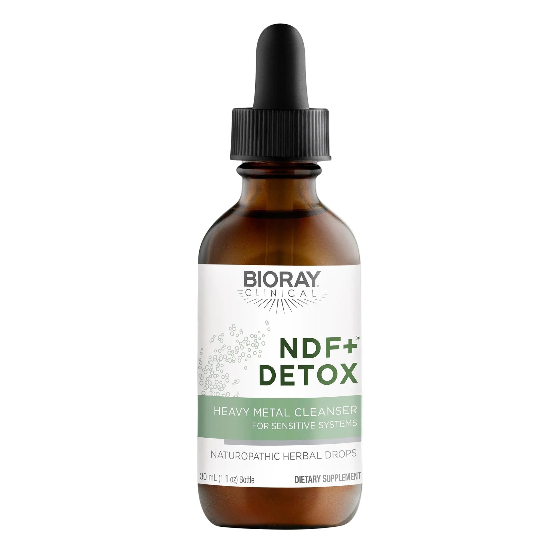 Bioray Clinical NDF+ Detox supplement bottle with dropper on a white background