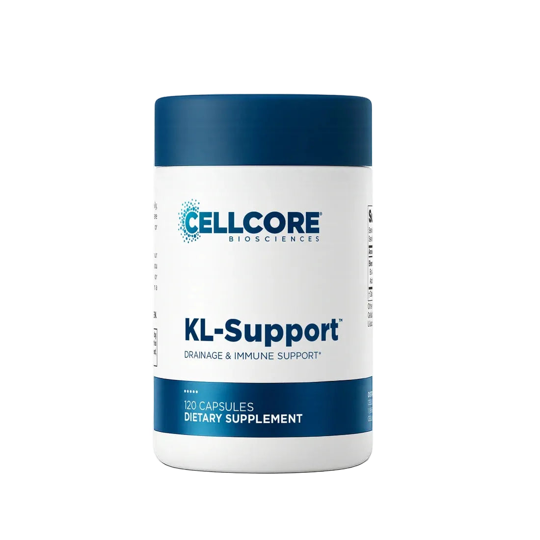 A white plastic bottle of Cellcore Biosciences KL-Support dietary supplement with a dark blue cap and blue text on the label, set against a plain white background.