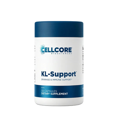 A white plastic bottle of Cellcore Biosciences KL-Support dietary supplement with a dark blue cap and blue text on the label, set against a plain white background.