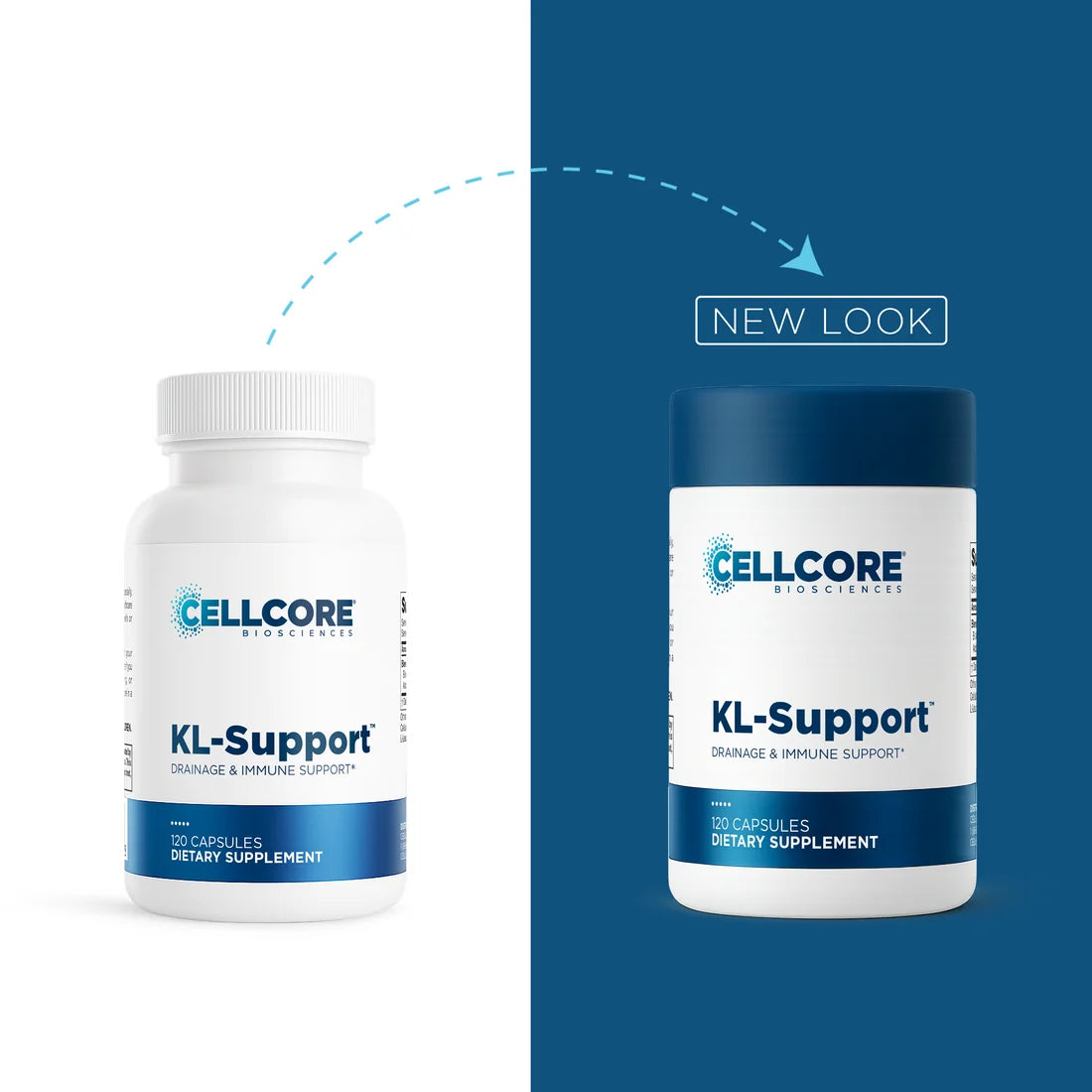 Two white supplement bottles labeled Cellcore BioSciences CardioImmune are shown on a split white and dark blue background, with a dashed arrow and the words 'NEW LOOK' indicating a redesigned bottle appearance.