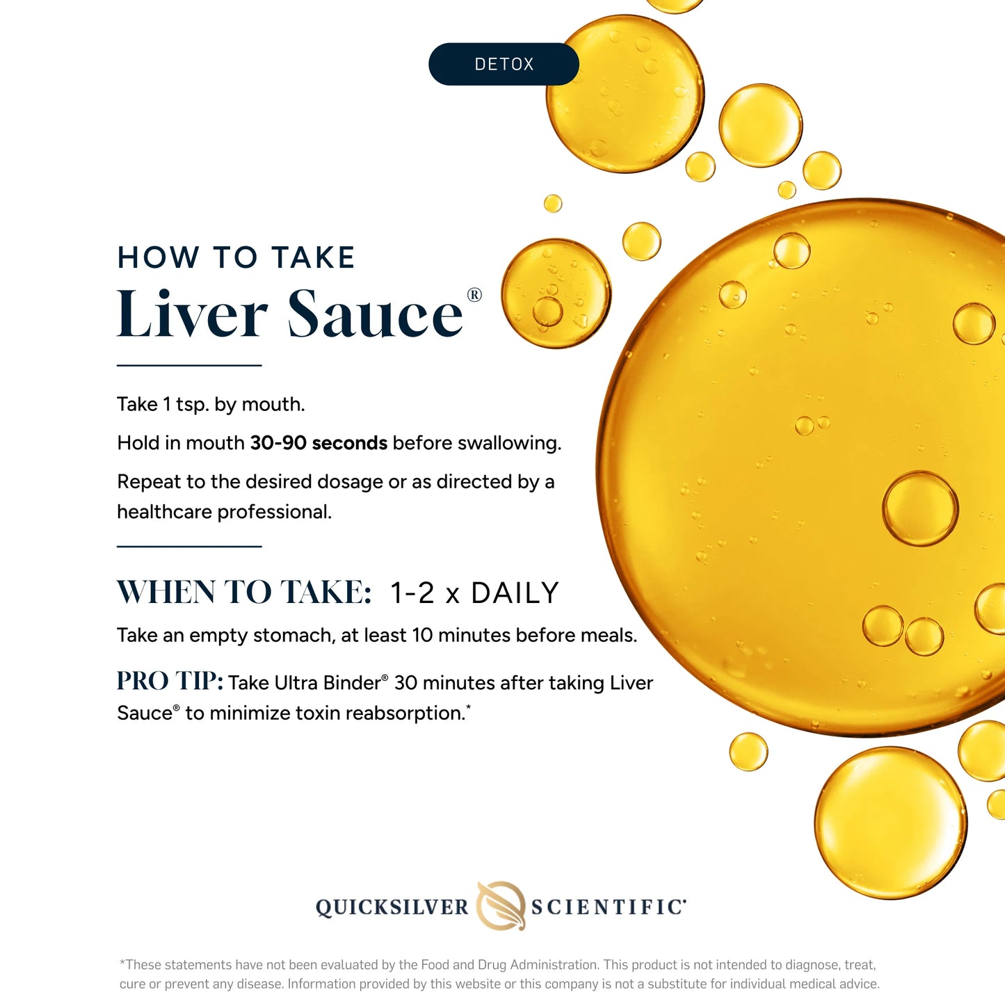 Instructions on how to take Liver Sauce with Quicksilver Scientific branding.