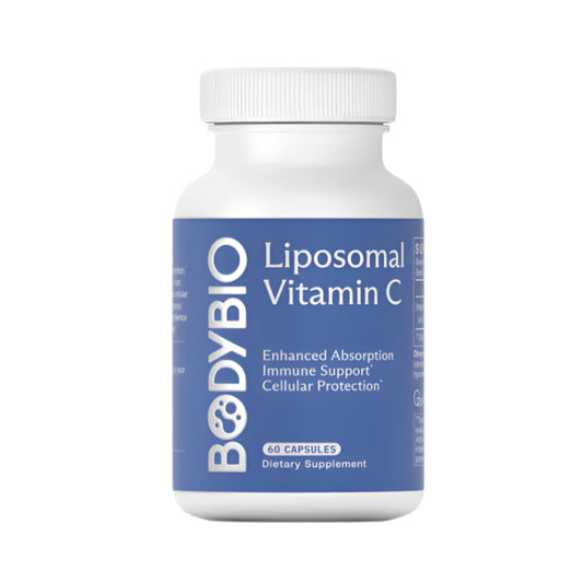 A bottle of BodyBio Liposomal Vitamin C with 60 capsules, labeled as a dietary supplement that supports immune health.