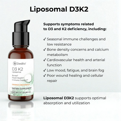 DesBio Liposomal D3K2 supplement bottle with text on benefits on a white background