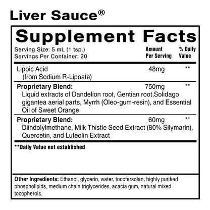 Supplement facts label for Liver Sauce with detailed ingredient list on a white background