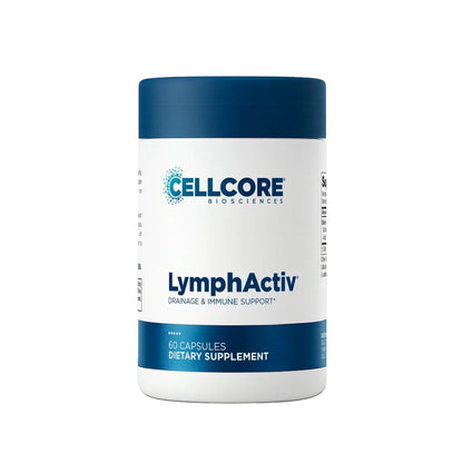 A white bottle of Cellcore Biosciences LymphActiv dietary supplement with a dark blue cap and blue accents on the label, set against a plain white background.