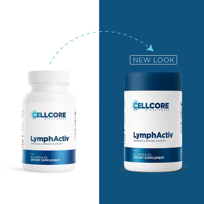 Two white supplement bottles labeled CELLCORE Biologics LymphActiv are shown side by side on a split white and dark blue background, with a dashed arrow and the words 'NEW LOOK' indicating a redesigned package.
