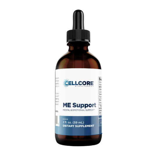 A bottle of ME Support dietary supplement by CellCore Biosciences, with a label indicating it is a liquid herbal supplement designed for emotional support.