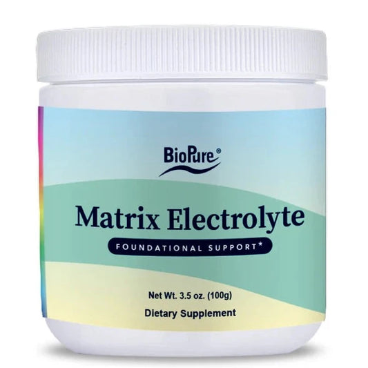 A container of BioPure Matrix Electrolyte with a label indicating it is a dietary supplement, foundation support, and that it replenishes electrolytes.