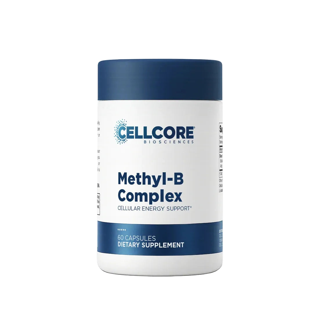 A white bottle of Cellcore BioSciences Methyl-B Complex dietary supplement with a dark blue cap and blue accents on the label, set against a plain white background.