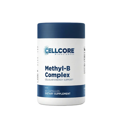 A white bottle of Cellcore BioSciences Methyl-B Complex dietary supplement with a dark blue cap and blue accents on the label, set against a plain white background.