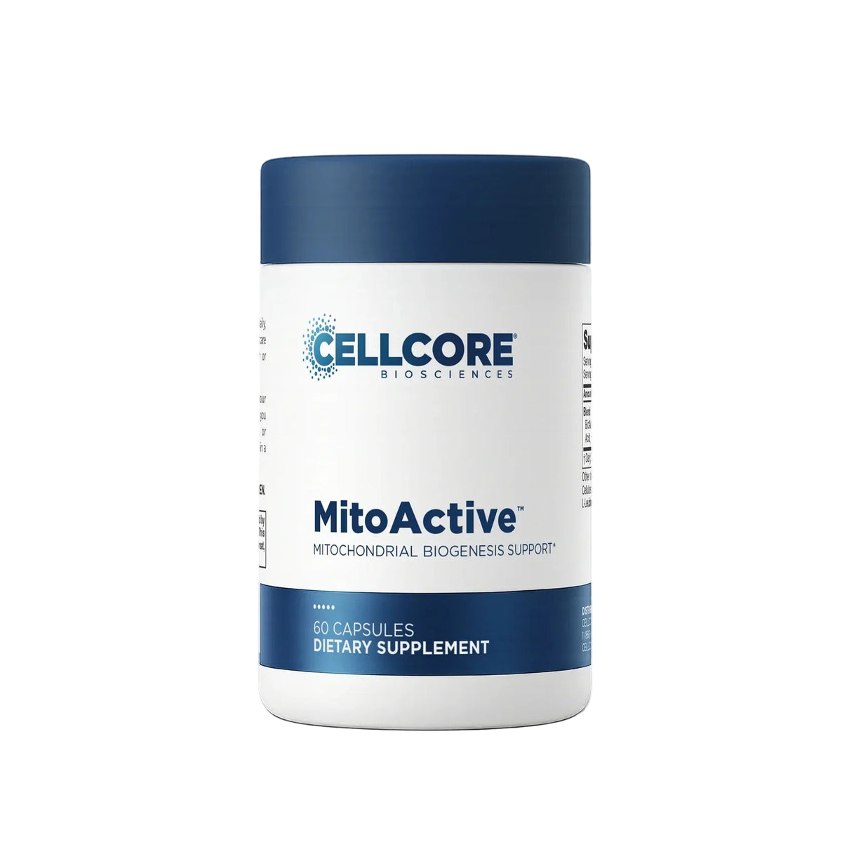 A white bottle of Cellcore Biologics MitoActive dietary supplement with a dark blue cap and blue accents on the label, set against a plain white background.