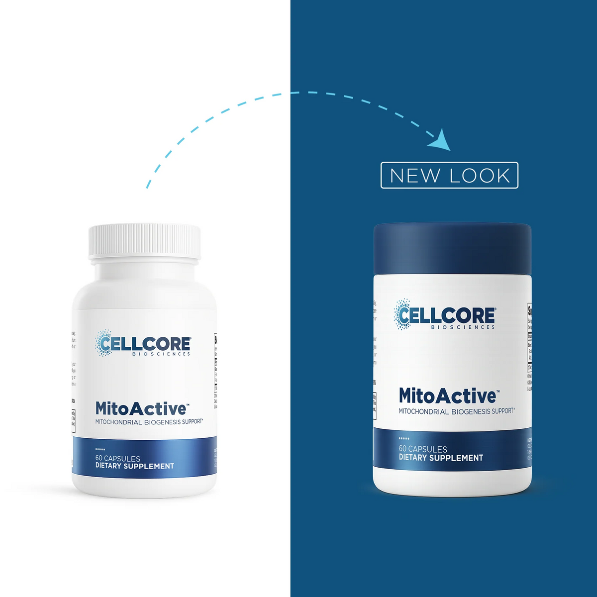 A split promotional graphic showing the same dietary supplement bottle in two colorways: a white bottle with blue label accents on the left, and a white bottle with a dark blue cap on the right. A dashed arrow points from the left bottle to the right bottle with the words 'NEW LOOK,' indicating a product design update.