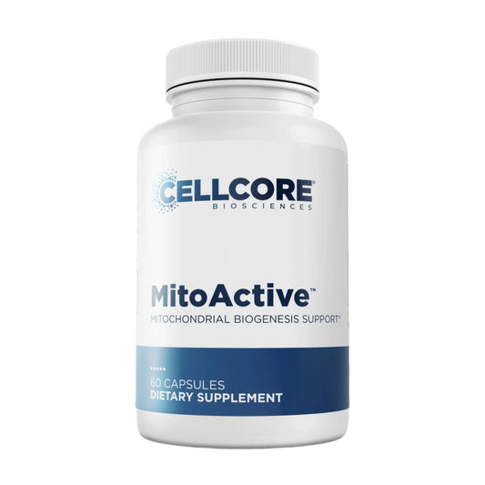 Supplement bottle labeled 'MitoActive' by CELLCORE BIOSCIENCES on a white background