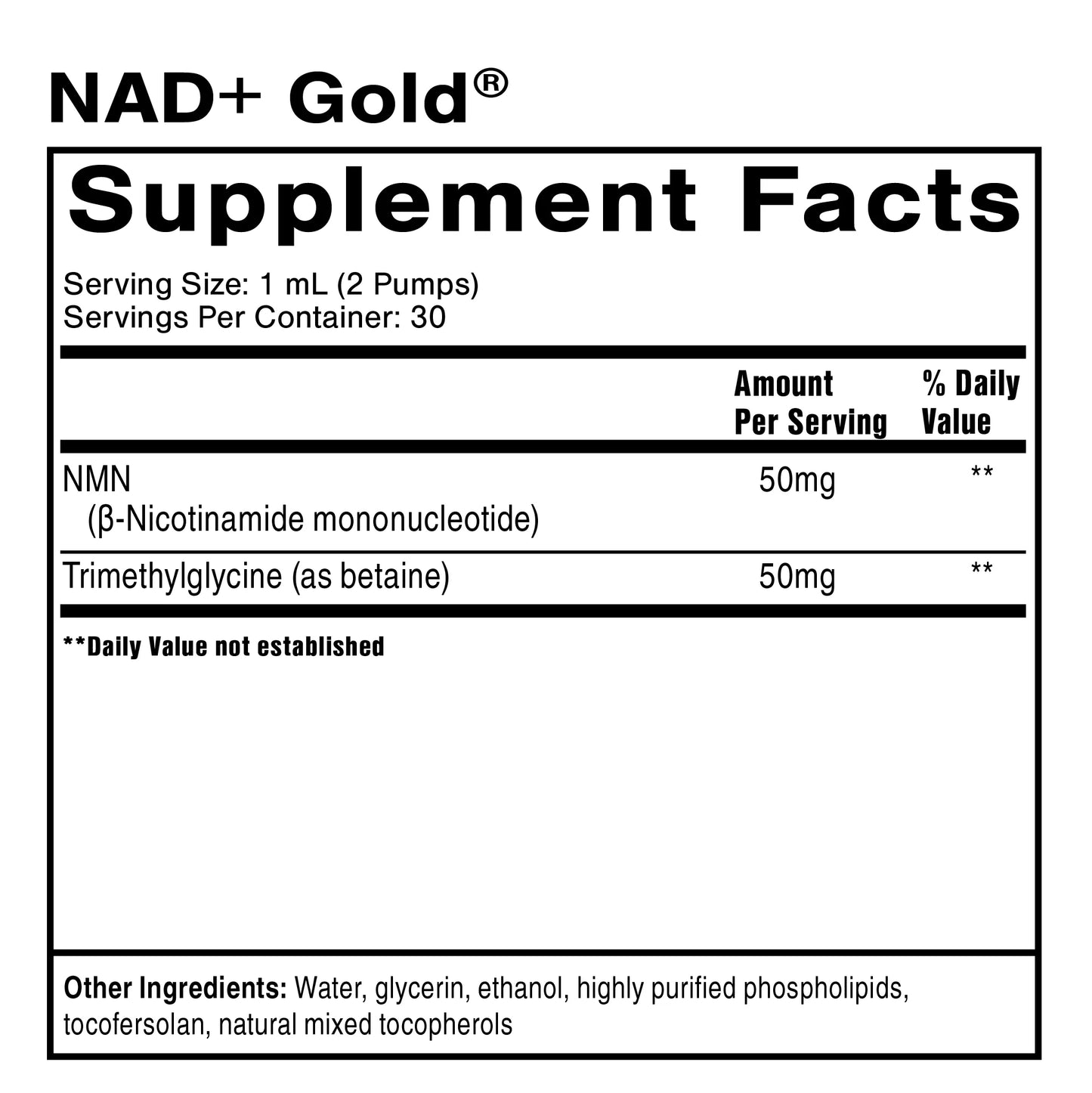Supplement facts label for NAD+ Gold with ingredient details.