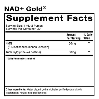 Supplement facts label for NAD+ Gold with ingredient details.