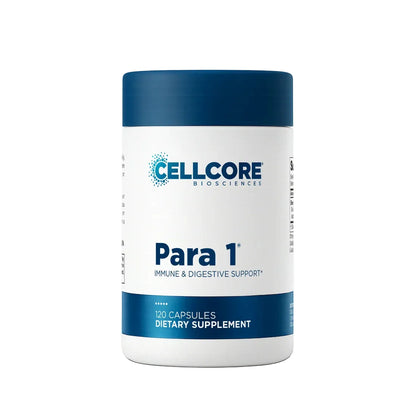A white bottle of Cellcore Biosciences Para 1 dietary supplement with a dark blue cap and blue accents on the label, set against a plain white background.