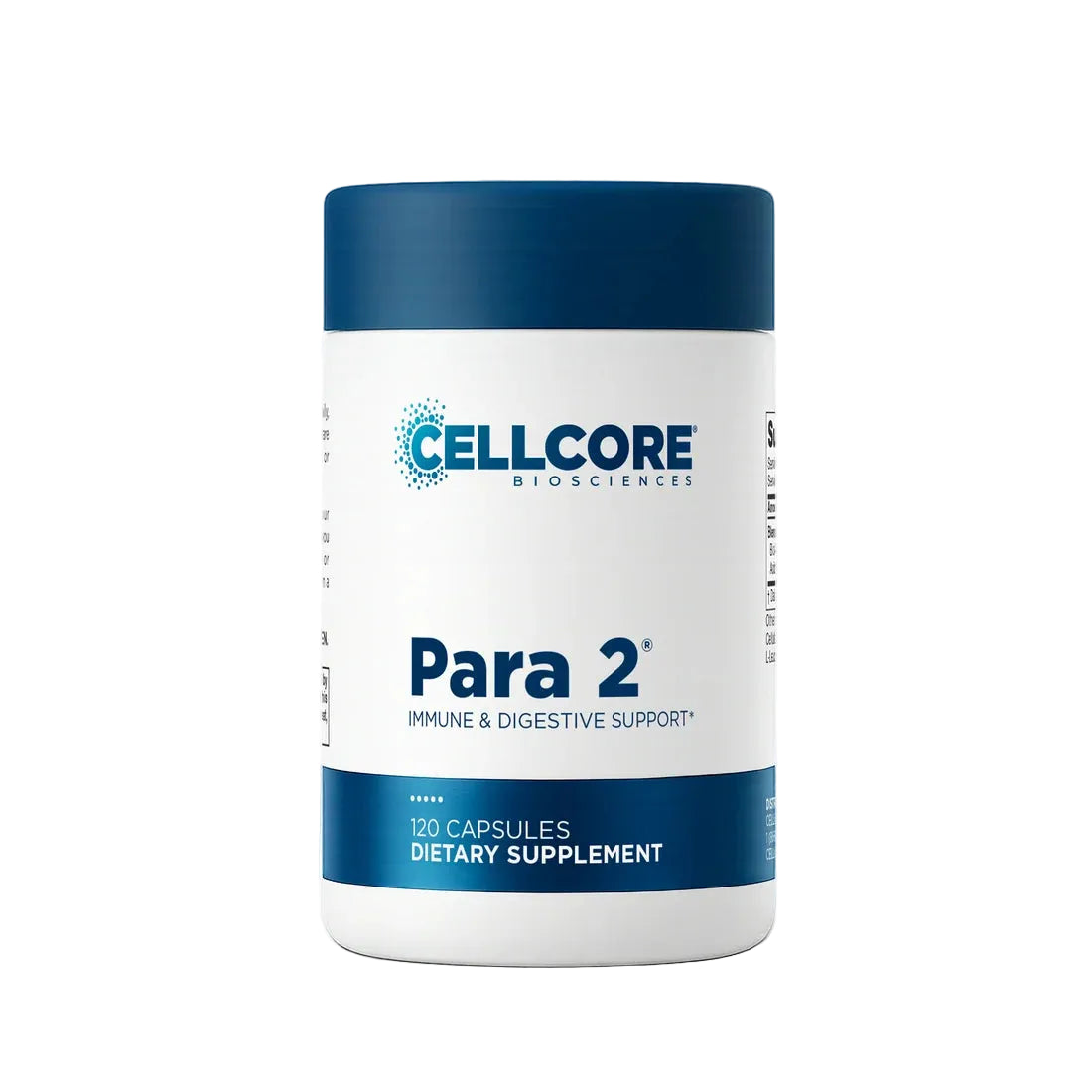 A white bottle of Cellcore Biosciences Para 2 dietary supplement with a dark blue cap and blue accents on the label, set against a plain white background.