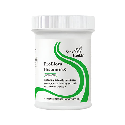 A bottle of ProBiota HistaminX by Seeking Health, a probiotic supplement designed for those sensitive to histamine.