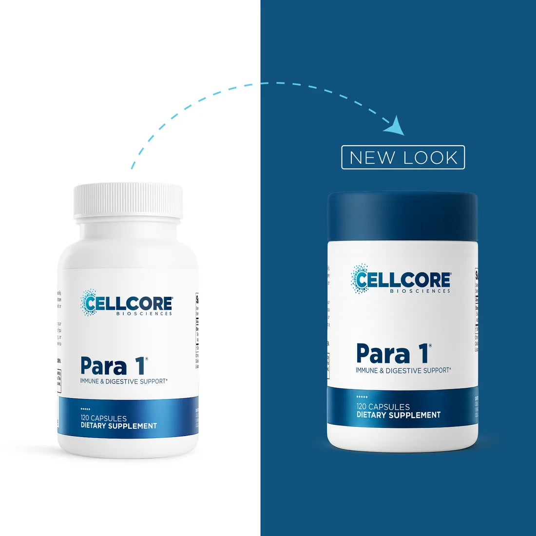 Two white supplement bottles labeled CELLCORE BIOSCIENCES Para 1 are shown side by side on a split white and dark blue background, with a dashed arrow and the words 'NEW LOOK' indicating a product update.