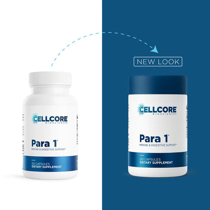 Two white supplement bottles labeled CELLCORE BIOSCIENCES Para 1 are shown side by side on a split white and dark blue background, with a dashed arrow and the words 'NEW LOOK' indicating a product update.