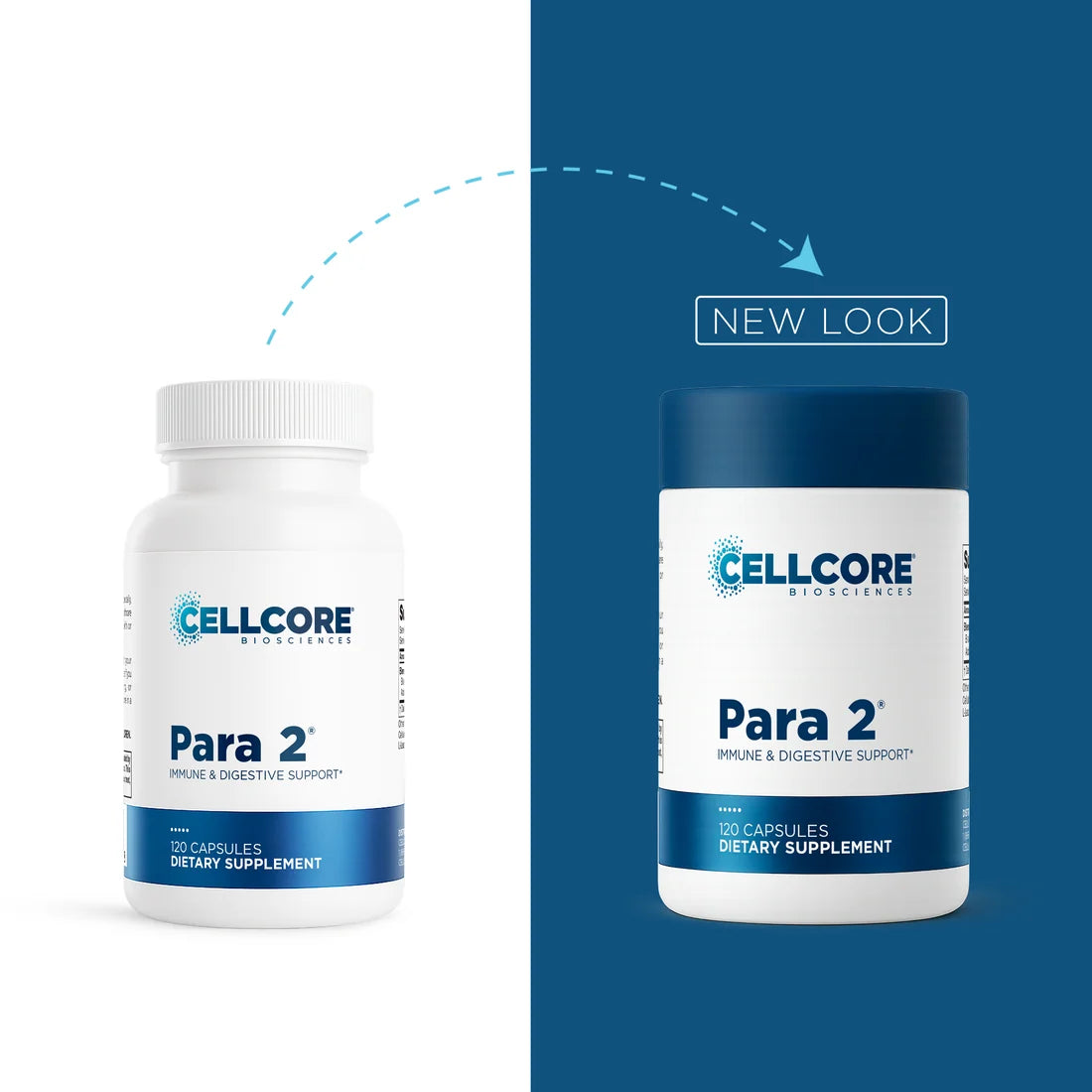 A split promotional graphic for Cellcore BioSciences Para 2 dietary supplement capsules. The left half shows the old white bottle with a ribbed cap on a white background.