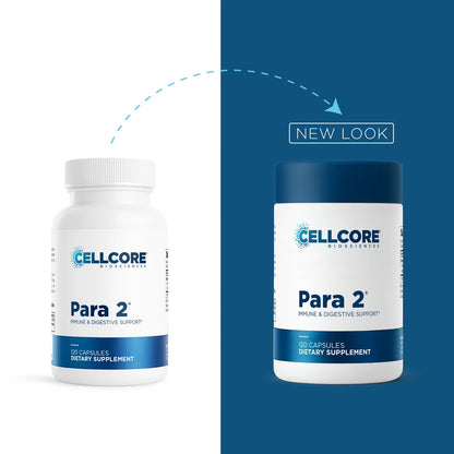 A split promotional graphic for Cellcore BioSciences Para 2 dietary supplement capsules. The left half shows the old white bottle with a ribbed cap on a white background.