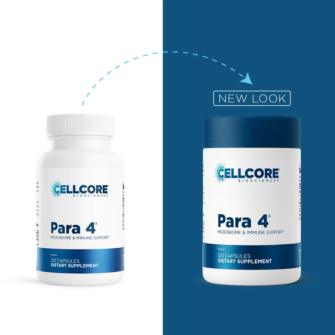 A split promotional graphic for Cellcore BioSciences Core Nutrients dietary supplement. The left half shows the old white bottle on a white background, and the right half shows the new dark blue-and-white bottle on a dark blue background with a dashed arrow and 'NEW LOOK' label.