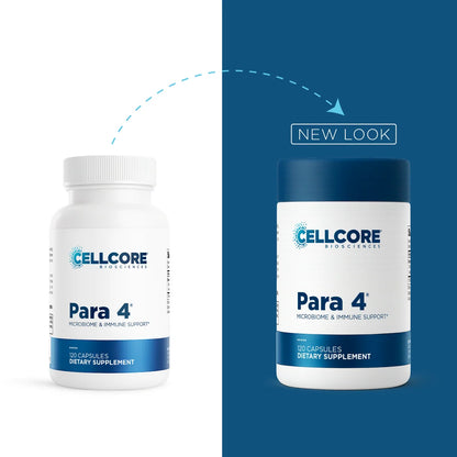 A split promotional graphic for Cellcore BioSciences Core Nutrients dietary supplement. The left half shows the old white bottle on a white background, and the right half shows the new dark blue-and-white bottle on a dark blue background with a dashed arrow and 'NEW LOOK' label.