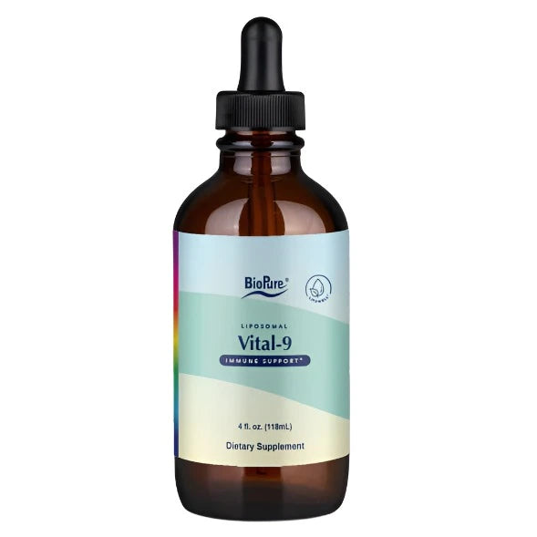 A bottle of BioPure Vital-9 dietary supplement with a label indicating it supports liver and respiratory function, and is for throat relief.