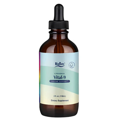 A bottle of BioPure Vital-9 dietary supplement with a label indicating it supports liver and respiratory function, and is for throat relief.