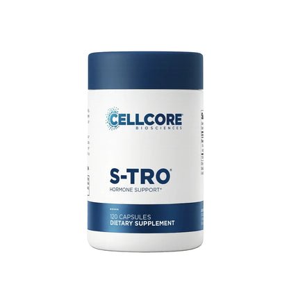 A white bottle of Cellcore Biosciences S-TRO dietary supplement with a dark blue cap and blue accents on the label, containing 120 capsules.