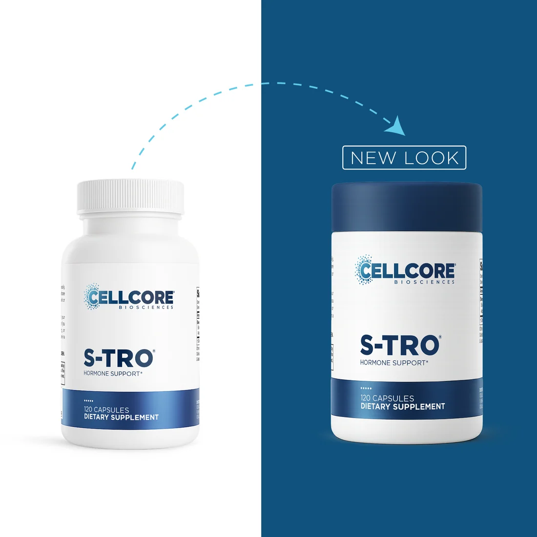 Two Cellcore S-TRO dietary supplement bottles shown side by side on a split white and dark blue background, with a dashed arrow and the words 'NEW LOOK' indicating a redesigned bottle appearance.