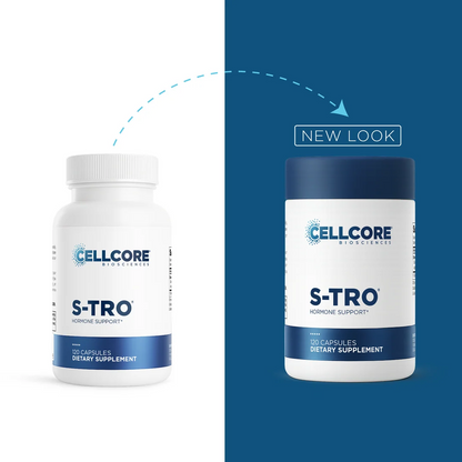 Two Cellcore S-TRO dietary supplement bottles shown side by side on a split white and dark blue background, with a dashed arrow and the words 'NEW LOOK' indicating a redesigned bottle appearance.