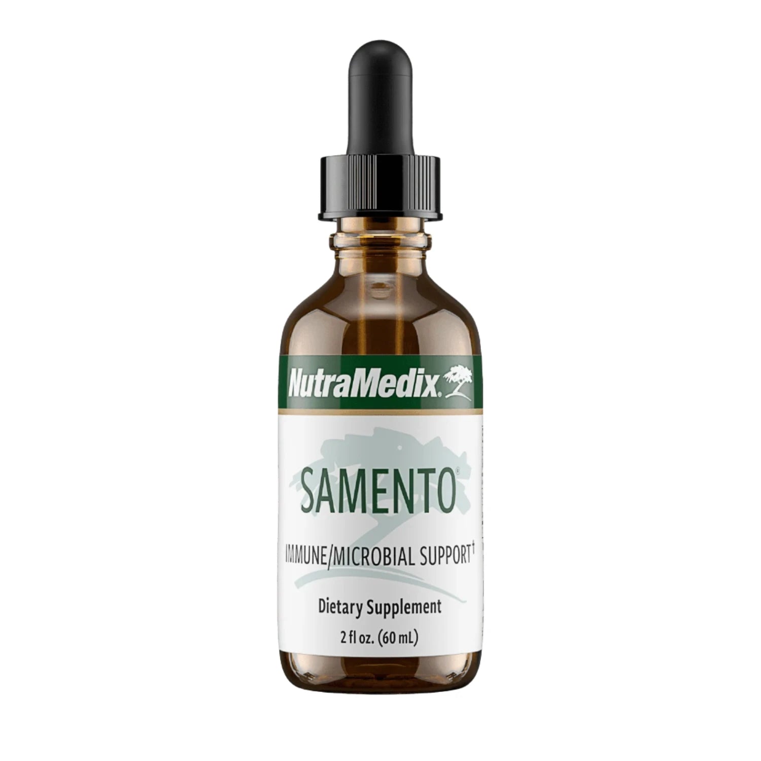 A bottle of Nutramedix Samento dietary supplement, 2 oz size, labeled as an immune support supplement.