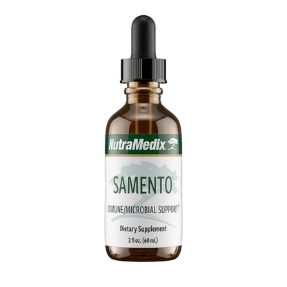A bottle of Nutramedix Samento dietary supplement, 2 oz size, labeled as an immune support supplement.