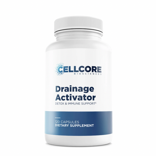 A white capsule bottle labeled 'CELLORE BIOSCIENCES DRAINAGE ACTIVATOR' with blue and black text, indicating it is a dietary supplement.
