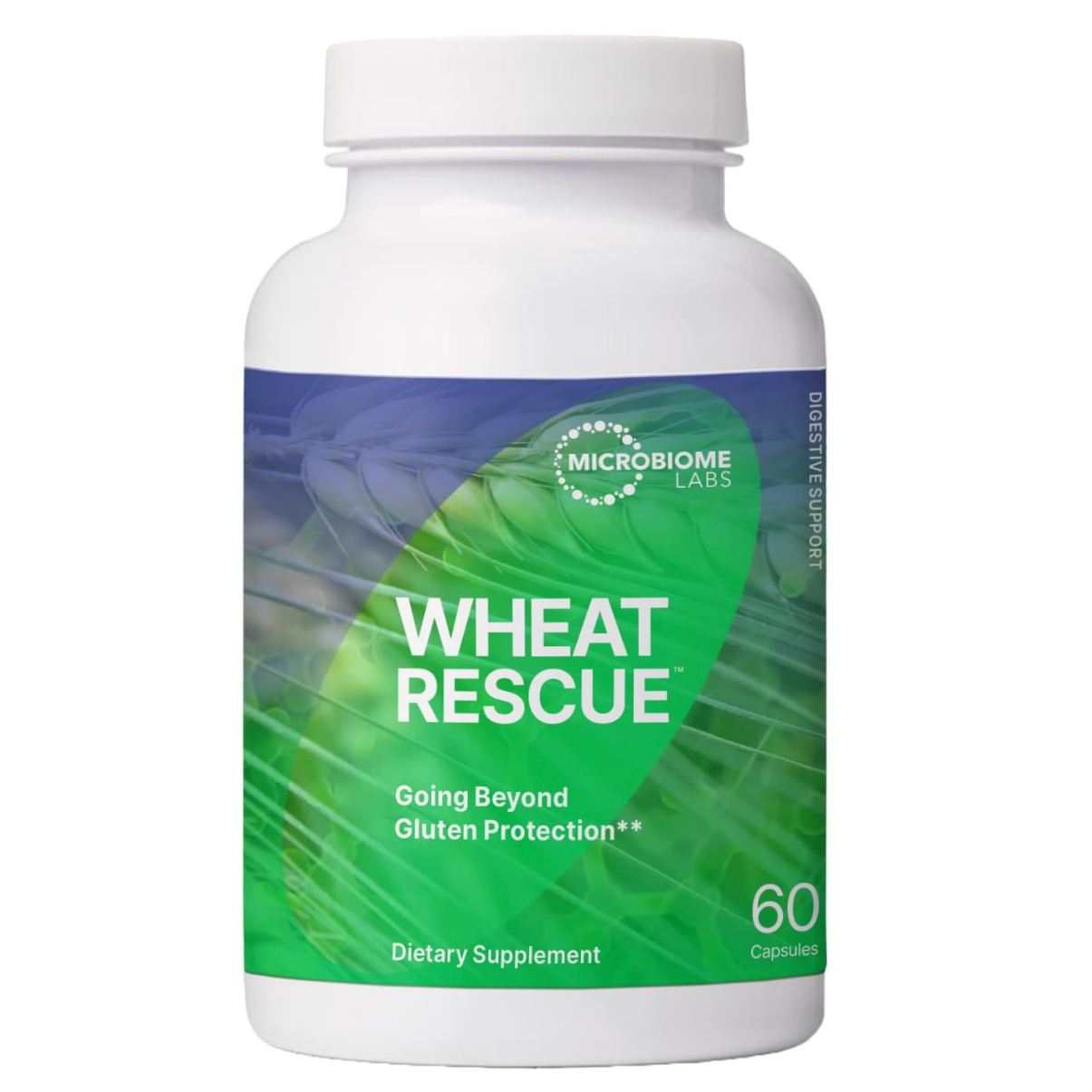 A bottle of 'Wheat Rescue' dietary supplement by Microbiome Labs, designed for gluten protection.