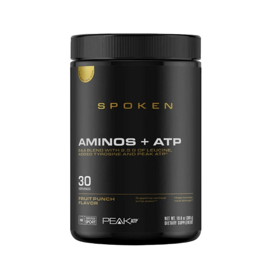 Black supplement container labeled 'Spoken Aminos + ATP' on a white background
