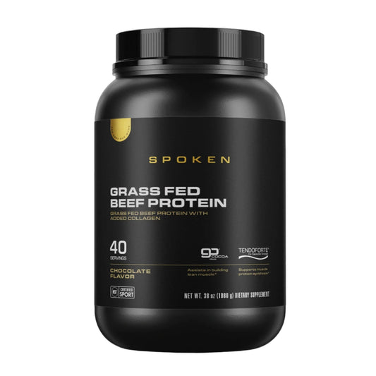 Black protein supplement container with 'Spoken' branding on a white background